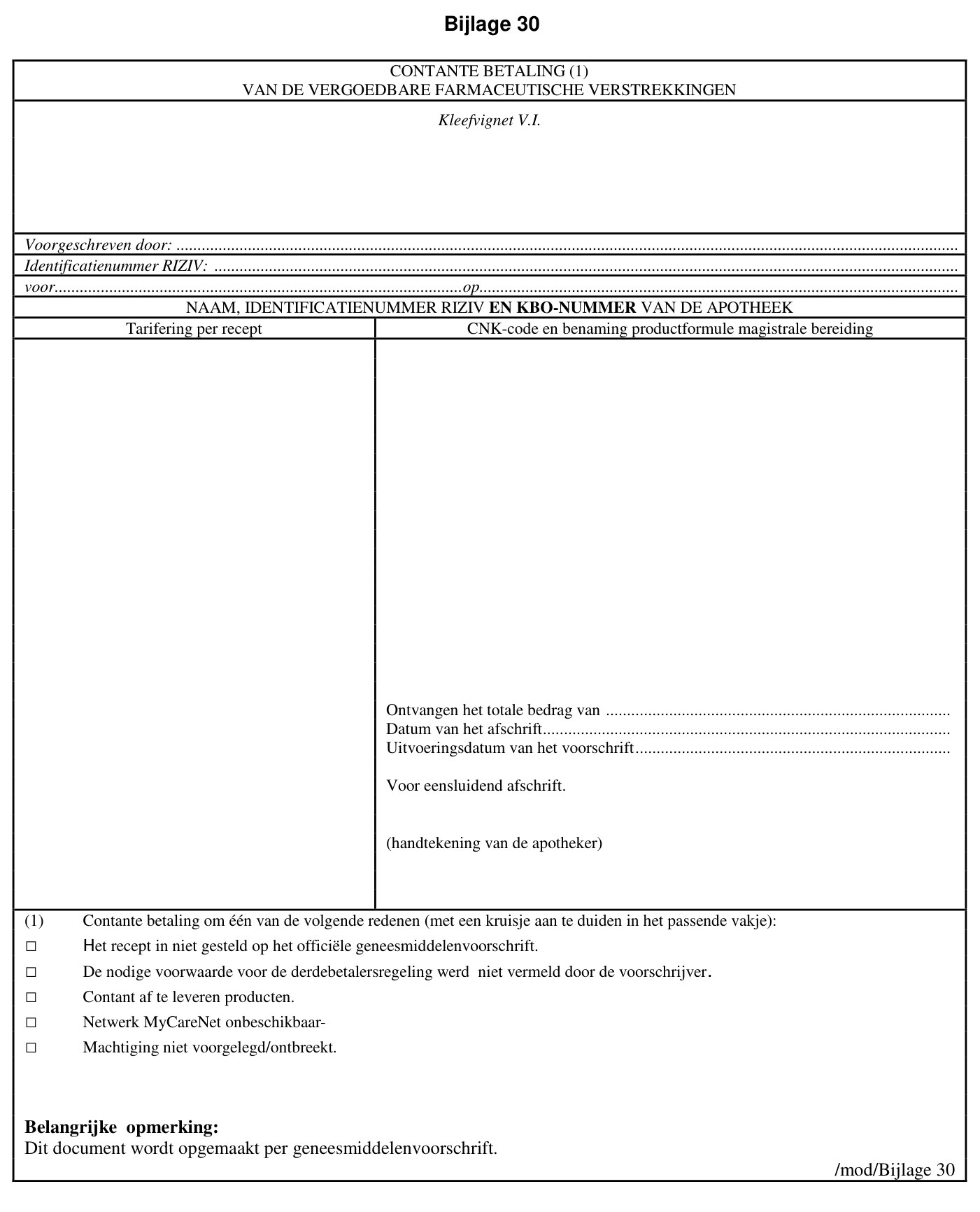 Formulier van contante betaling