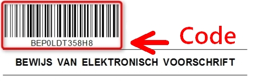 Bewijs van elektronisch voorschrift: de code staat bovenaan onder de streepjescode (BEP…)